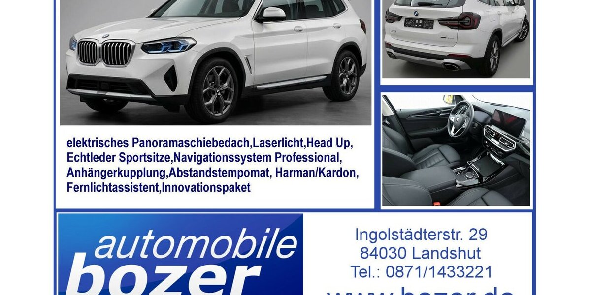BMW X3 30dxDr AHK,HUD,Laser,Pan.-Dach,Echtleder 24.732 km 46.990 &euro; Landshut 84030