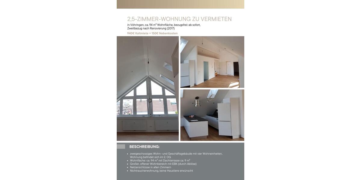 Dachgeschoßwohnung Vöhringen - 2 Zimmer, 94 m&sup2;, 940&euro; | Angebot:25272856