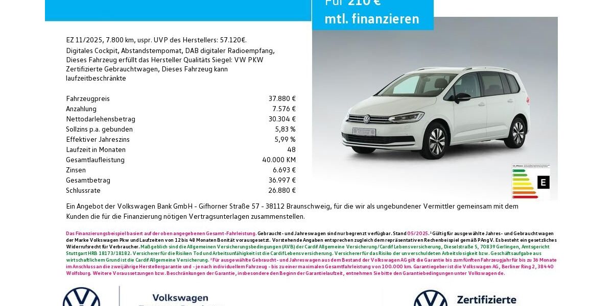 VW Touran 7.800 km 37.880 &euro; Bamberg 96052