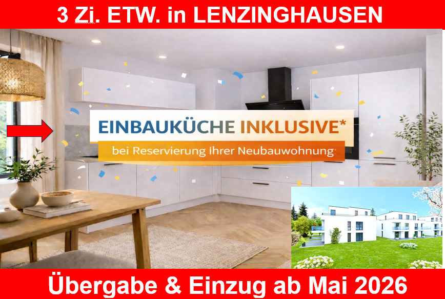 WINTER-AKTION in LENZINGHAUSEN. Inkl: EINBAUKÜCHE, Bodenbeläge komplett, Kfz- Stellplatz. Süd-Westbalkon. 3 zimmer