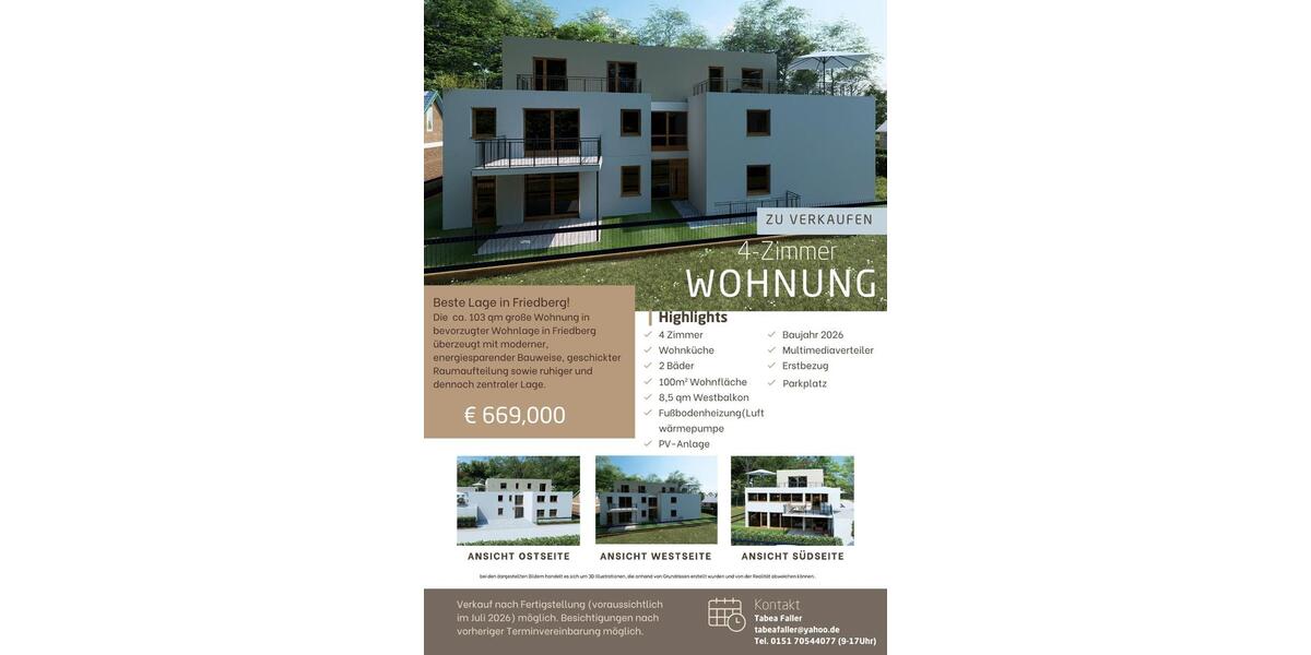 Etagenwohnung Friedberg - 4 Zimmer, 100 m&sup2;, 669.000&euro; | Angebot:26865356