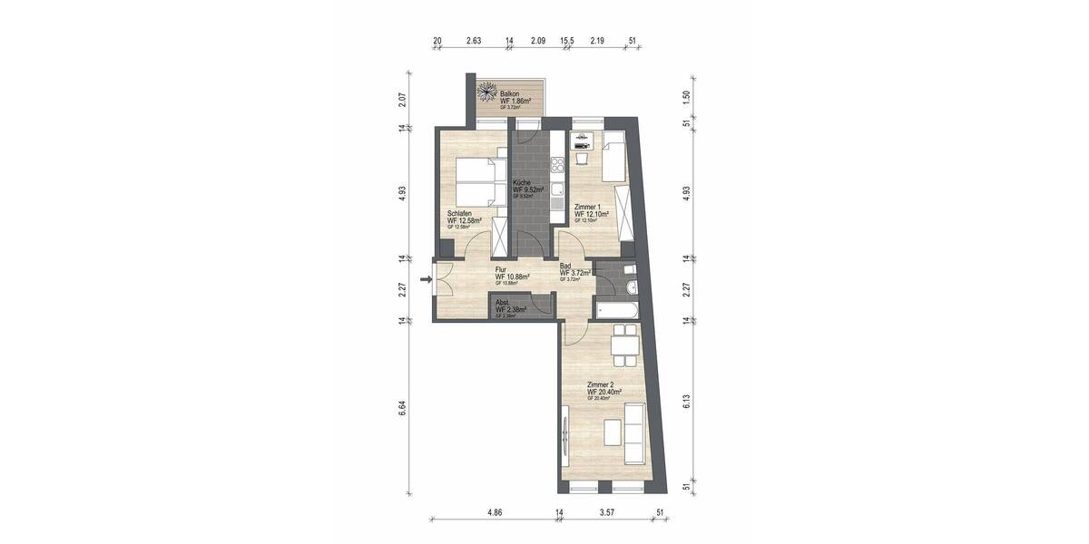 Etagenwohnung Leipzig Zentrum-Süd - 3 Zimmer, 73 m&sup2;, 259.000&euro; | Angebot:26696339