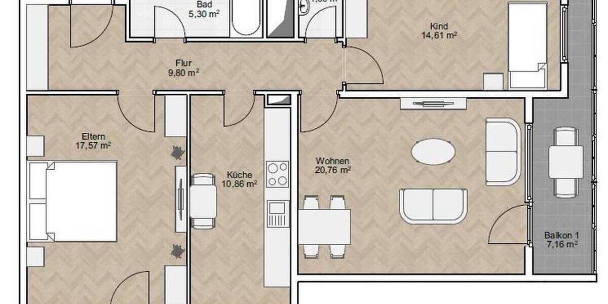 Etagenwohnung Augsburg Herrenbach - 3 Zimmer, 86 m&sup2;, 339.000&euro; | Angebot:26684607