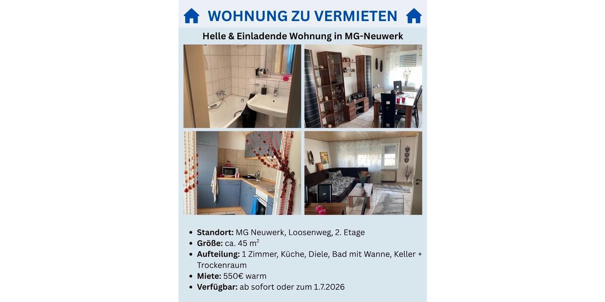 Etagenwohnung Mönchengladbach Ost - 1 Zimmer, 45 m&sup2;, 550&euro; | Angebot:26025008