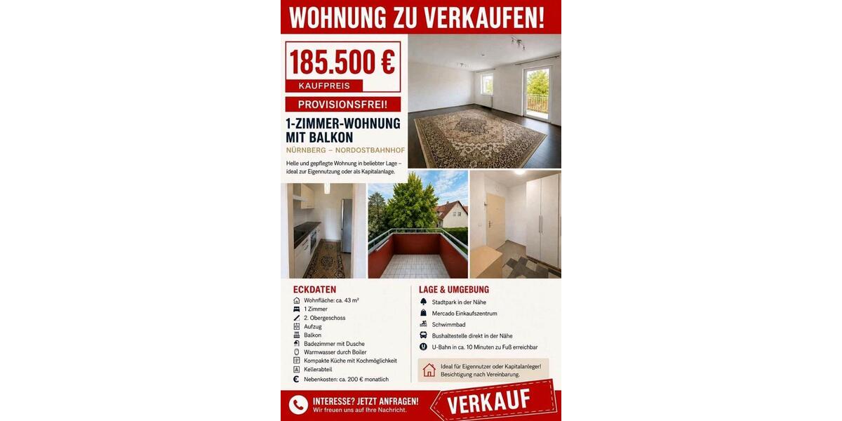 Etagenwohnung Nürnberg Herrnhütte - 1 Zimmer, 43 m&sup2;, 185.000&euro; | Angebot:27461346