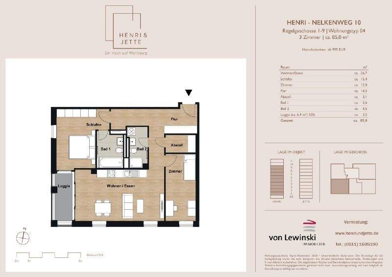 Etagenwohnung Wolfsburg Hellwinkel - 3 Zimmer, 84 m&sup2;, 1.006&euro; | Angebot:25355647