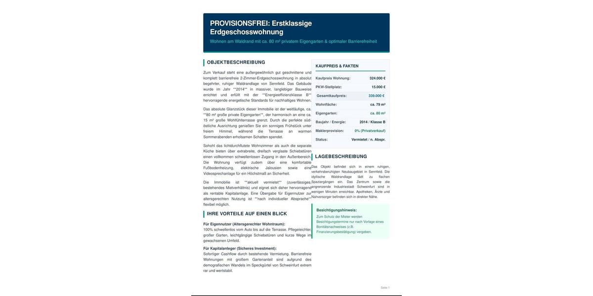 Erdgeschoßwohnung Sennfeld - 2 Zimmer, 79 m&sup2;, 315.000&euro; | Angebot:26697408