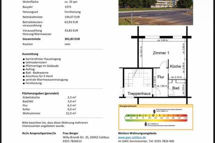 Wohnung Cottbus Merzdorf - 1 Zimmer, 33 m&sup2;, 302&euro; | Angebot:26412848