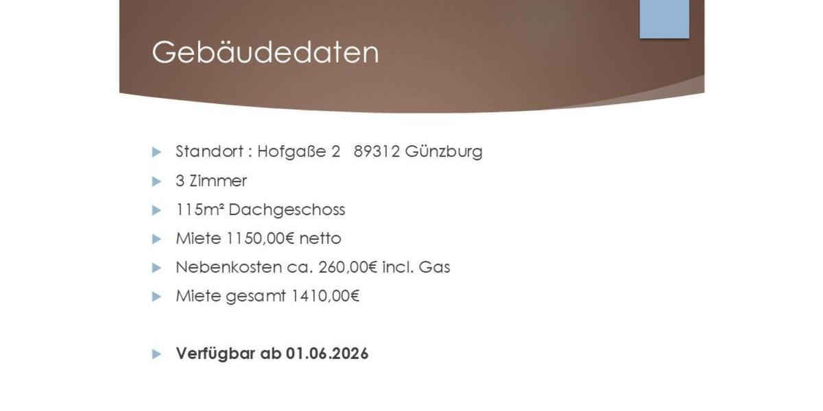 Dachgeschoßwohnung Günzburg - 3 Zimmer, 115 m&sup2;, 1.150&euro; | Angebot:25570696