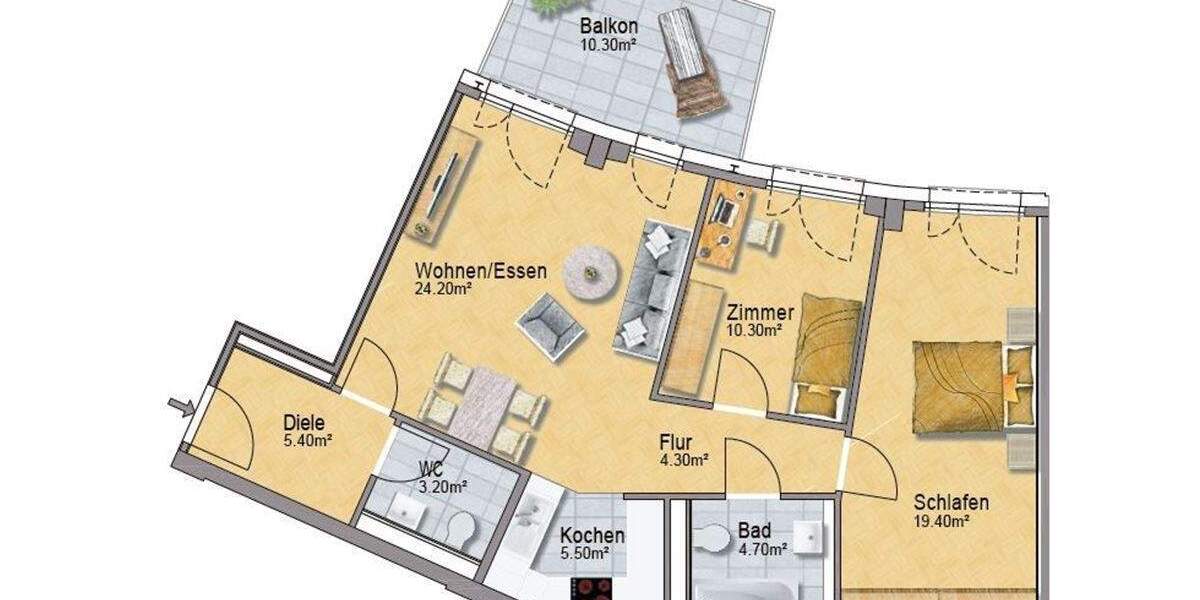 Etagenwohnung Düsseldorf Flingern Nord - 3 Zimmer, 85 m&sup2;, 1.410&euro; | Angebot:25645625