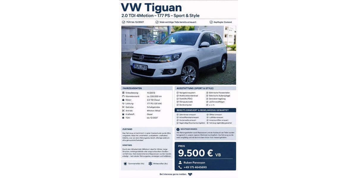 VW Tiguan 220.000 km 9.500 &euro; Mandern 54429