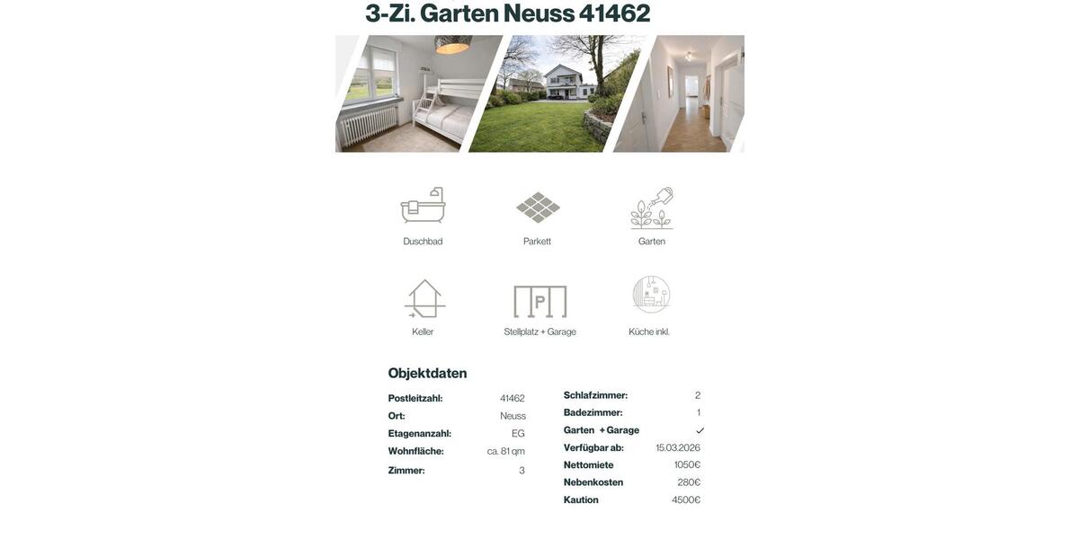 Erdgeschoßwohnung Neuss Furth-Mitte - 3 Zimmer, 81 m&sup2;, 1.450&euro; | Angebot:25048218