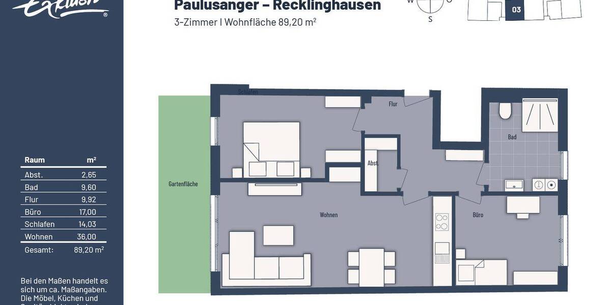 Etagenwohnung Recklinghausen Stadtmitte - 3 Zimmer, 89 m&sup2;, 399.000&euro; | Angebot:25690416
