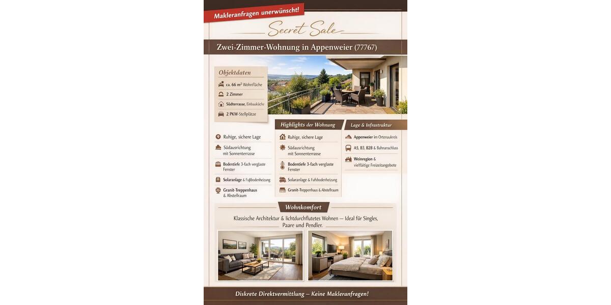 Etagenwohnung Appenweier - 2 Zimmer, 66 m&sup2;, 280.000&euro; | Angebot:25165339