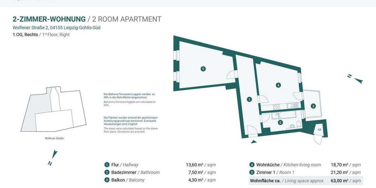 Etagenwohnung Leipzig Gohlis-Süd - 2 Zimmer, 63 m&sup2;, 229.000&euro; | Angebot:26837163