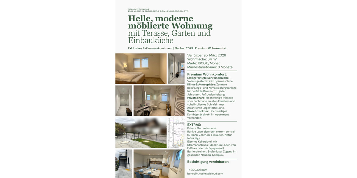 Terrassenwohnung Ebersberg - 2 Zimmer, 64 m&sup2;, 1.600&euro; | Angebot:24729602