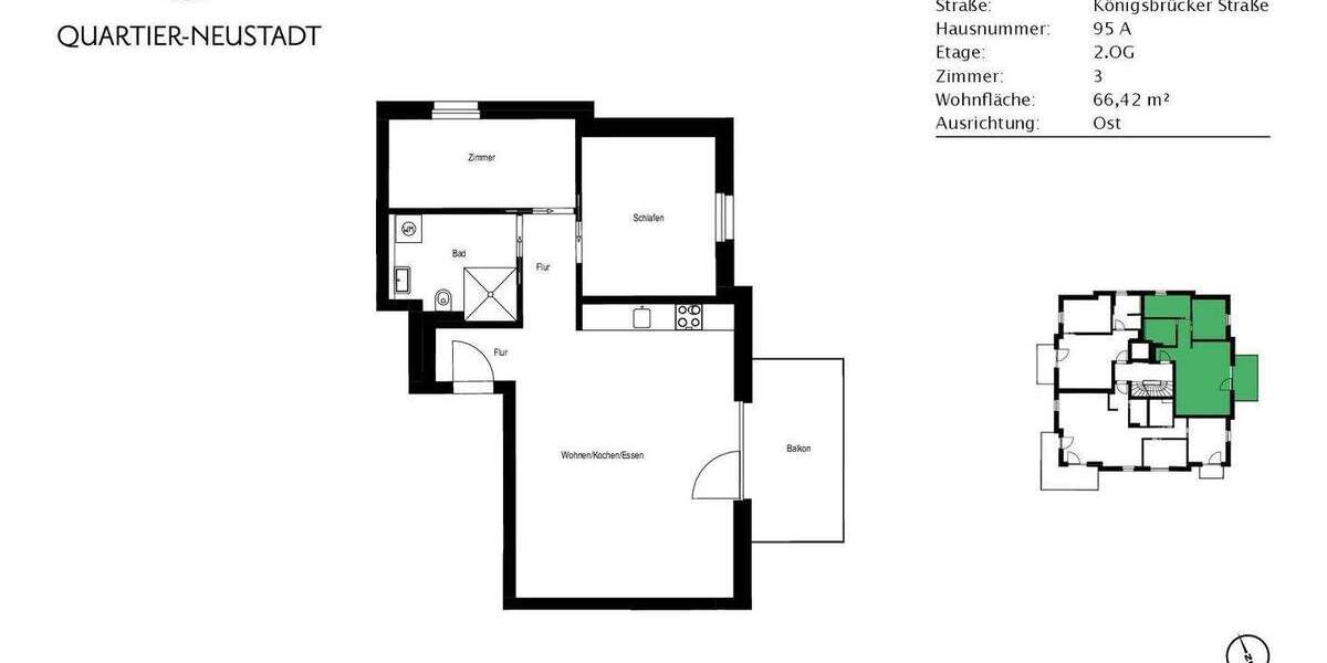 Etagenwohnung Dresden Äußere Neustadt - 2 Zimmer, 66 m&sup2;, 963&euro; | Angebot:25527203