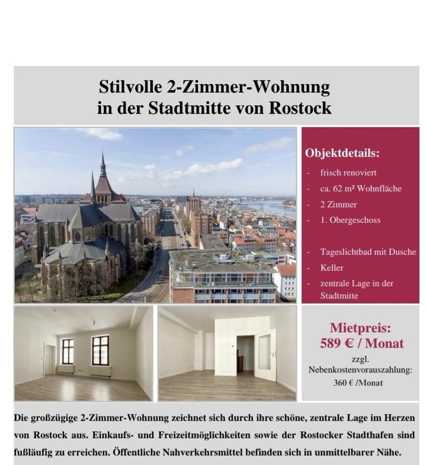 Nachmieter 2 Zimmer Wohnung (62qm) Innenstadt Rostock