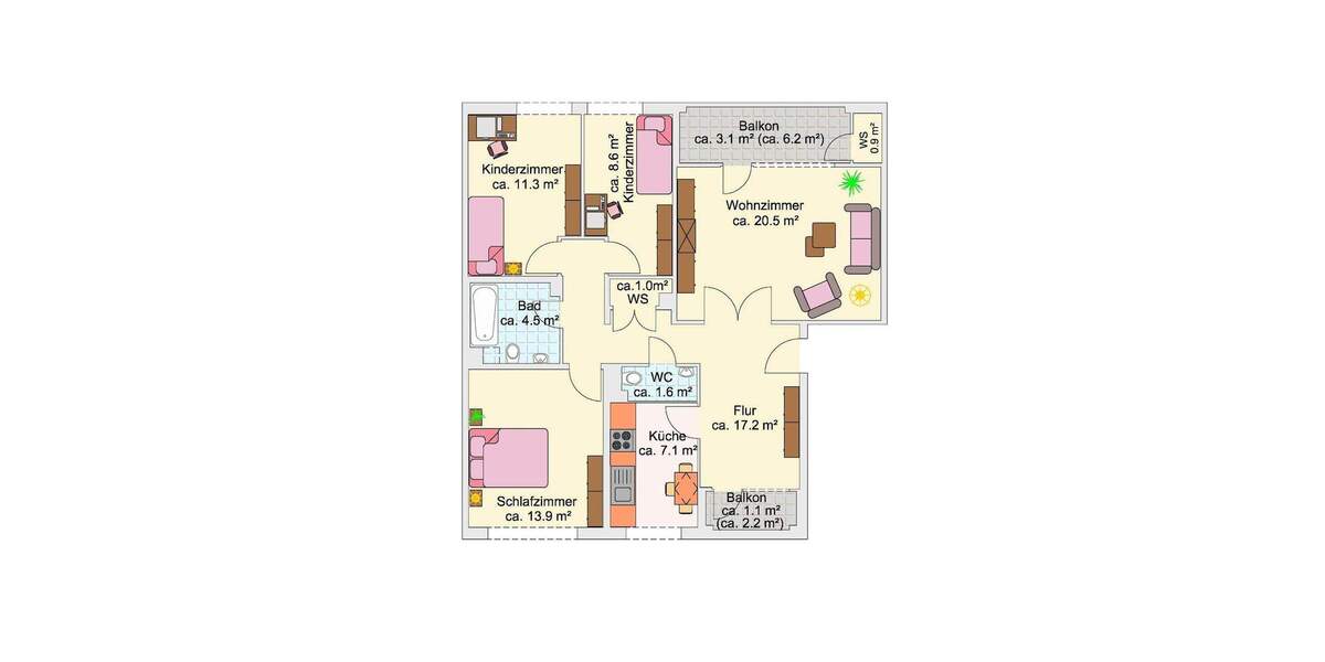 Familien aufgepasst: 4 Zimmer Wohnung + 2 Balkone, Einbauküche, Gäste-WC 4 zimmer