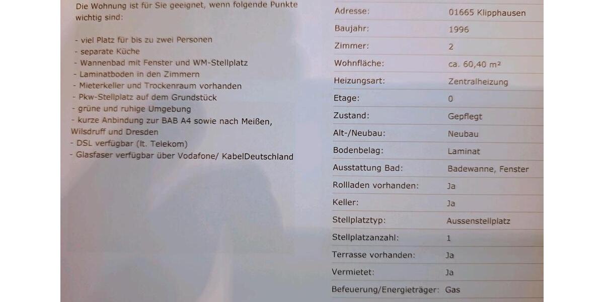 Etagenwohnung Klipphausen - 2 Zimmer, 60 m&sup2;, 690&euro; | Angebot:24663662