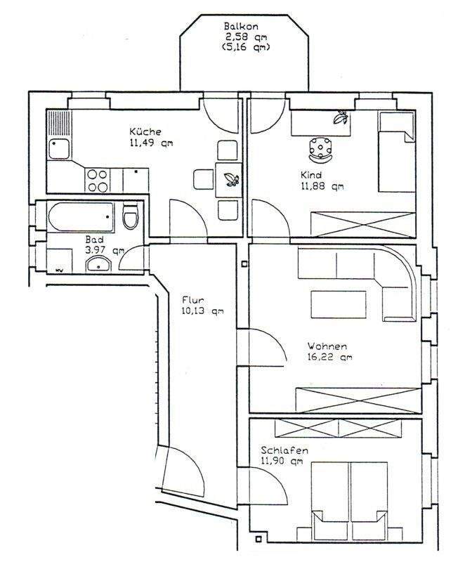 2,5-Raumwohnung mit Balkon und Einbauküche 2 zimmer