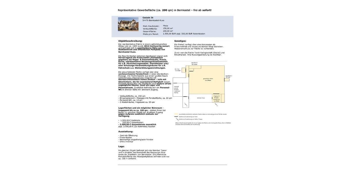 Gewerbeobjekt Bernkastel-Kues Kues - 2.000&euro; | Angebot:26346004