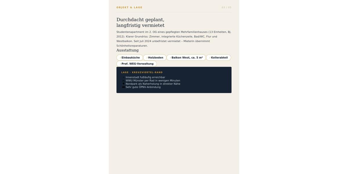 Etagenwohnung Münster Erphoviertel - 1 Zimmer, 31 m&sup2;, 249.000&euro; | Angebot:27056779
