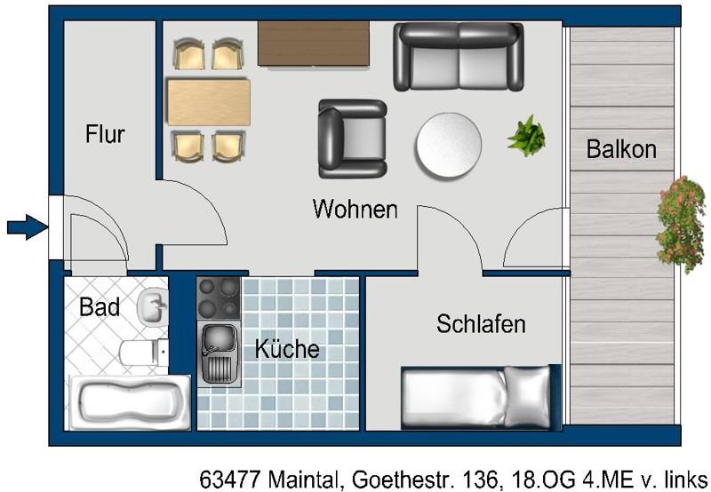 Etagenwohnung Maintal - 1.5 Zimmer, 41 m&sup2;, 553&euro; | Angebot:26472458