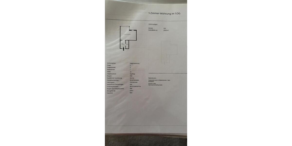 Etagenwohnung Stuttgart Bad Cannstatt - 1 Zimmer, 30 m&sup2;, 750&euro; | Angebot:26357698
