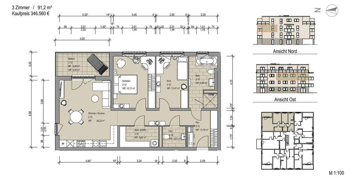 Etagenwohnung Sickte Niedersickte - 3 Zimmer, 95 m&sup2;, 365.350&euro; | Angebot:24233811
