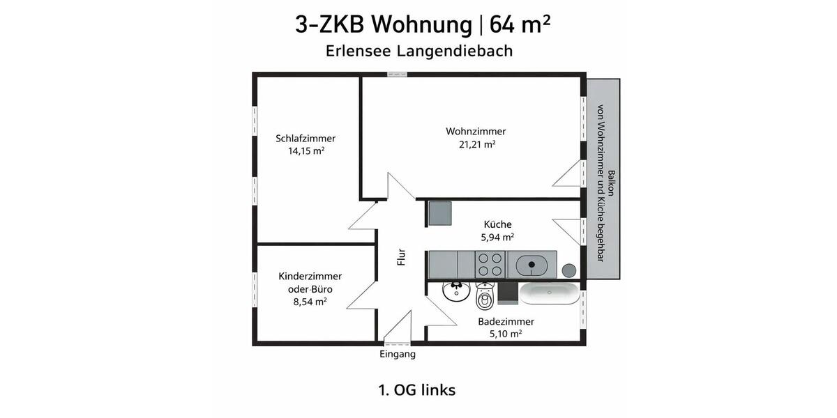 Etagenwohnung Erlensee - 3 Zimmer, 64 m&sup2;, 245.000&euro; | Angebot:26030188
