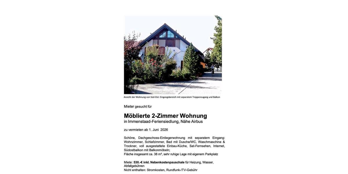 Dachgeschoßwohnung Eriskirch - 2 Zimmer, 38 m&sup2;, 530&euro; | Angebot:26326749
