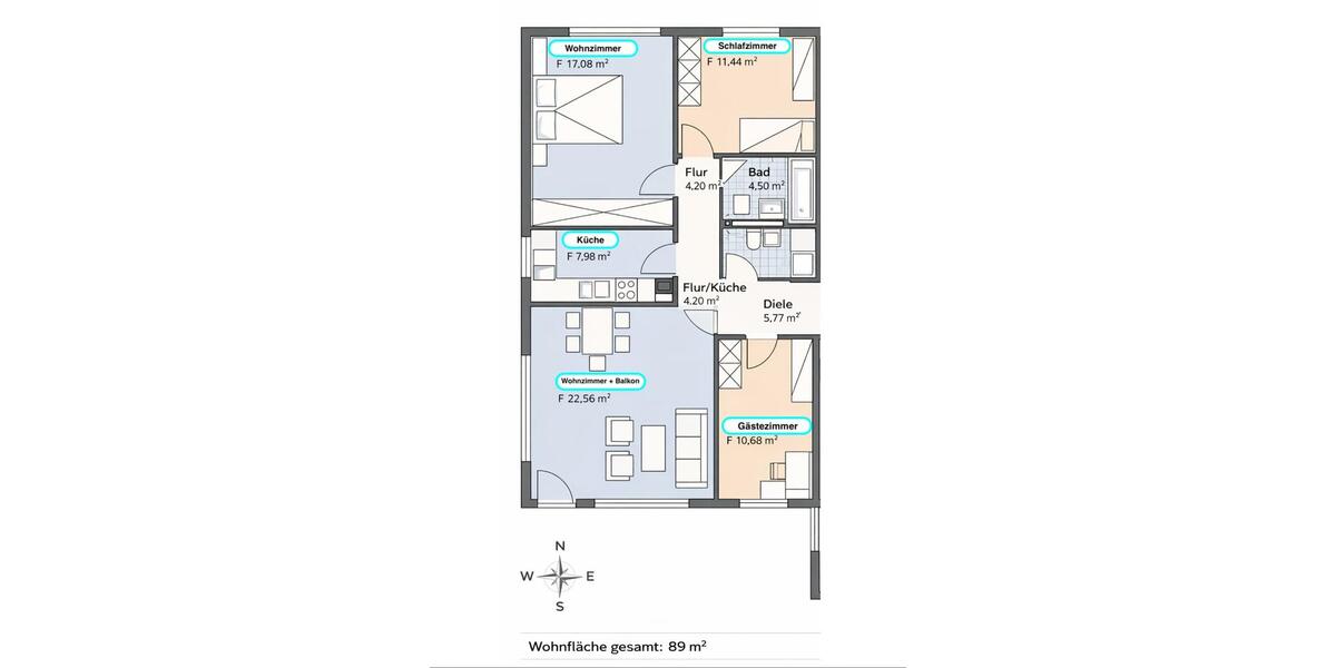 Etagenwohnung Wiesbaden Biebrich - 4 Zimmer, 89 m&sup2;, 399.000&euro; | Angebot:26779494