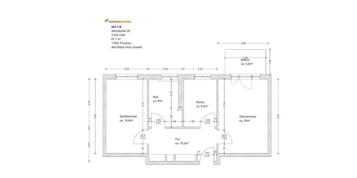 Etagenwohnung Prenzlau - 2 Zimmer, 67 m&sup2;, 800&euro; | Angebot:26294818