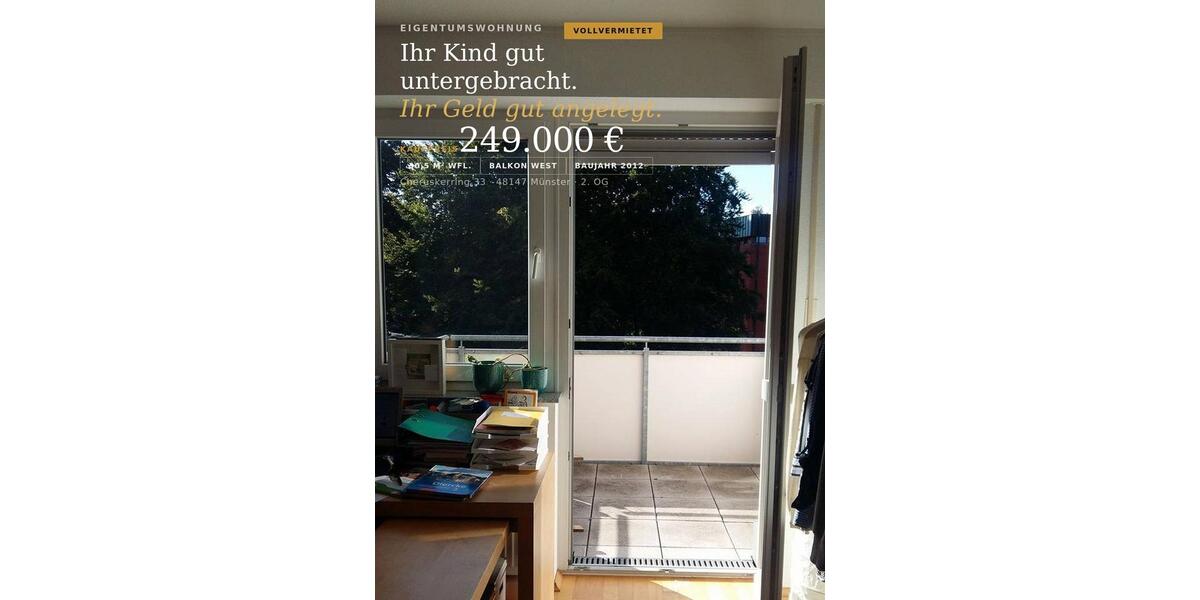 Etagenwohnung Münster Erphoviertel - 1 Zimmer, 31 m&sup2;, 249.000&euro; | Angebot:27056779