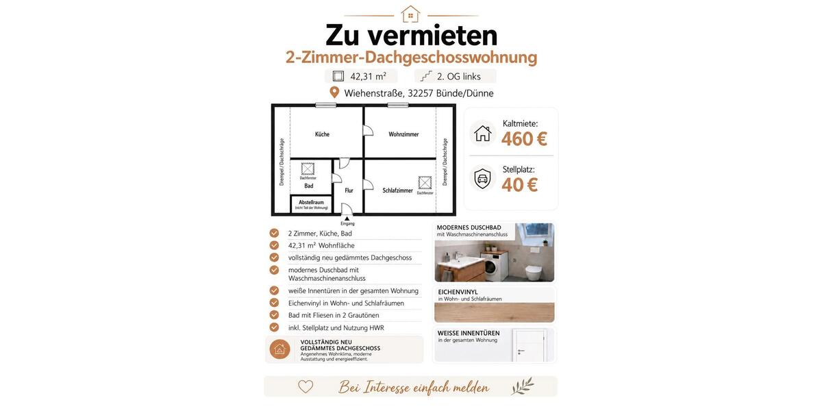 Dachgeschoßwohnung Bünde - 2 Zimmer, 42 m&sup2;, 460&euro; | Angebot:27618406