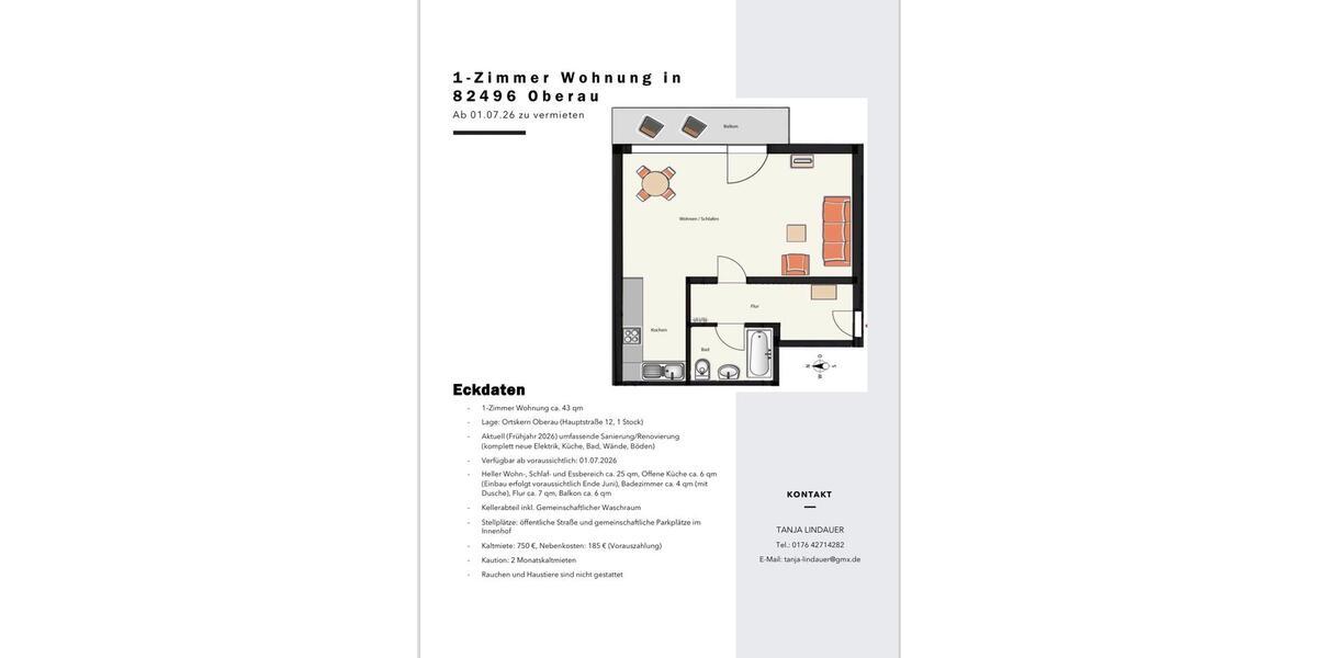 Etagenwohnung Garmisch-Partenkirchen Breitenau - 1 Zimmer, 43 m&sup2;, 750&euro; | Angebot:26152290