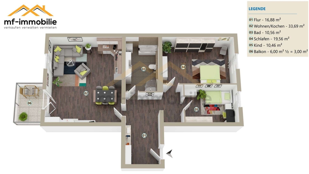 charmante Erdgeschosswohnung 3-Zimmer Balkon, Einbauküche - Erdgeschoßwohnung Mariental Helmstedt - Grasleben | Angebot:24100703