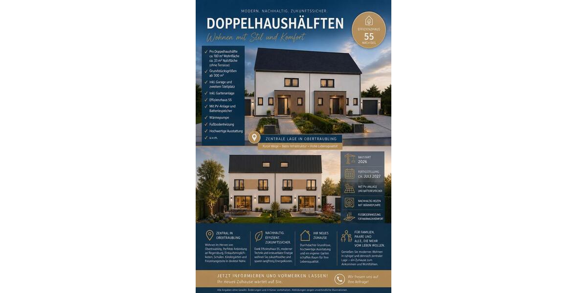 Doppelhaushälfte Obertraubling - 5 Zimmer, 180 m&sup2;, 879.000&euro; | Angebot:26750002