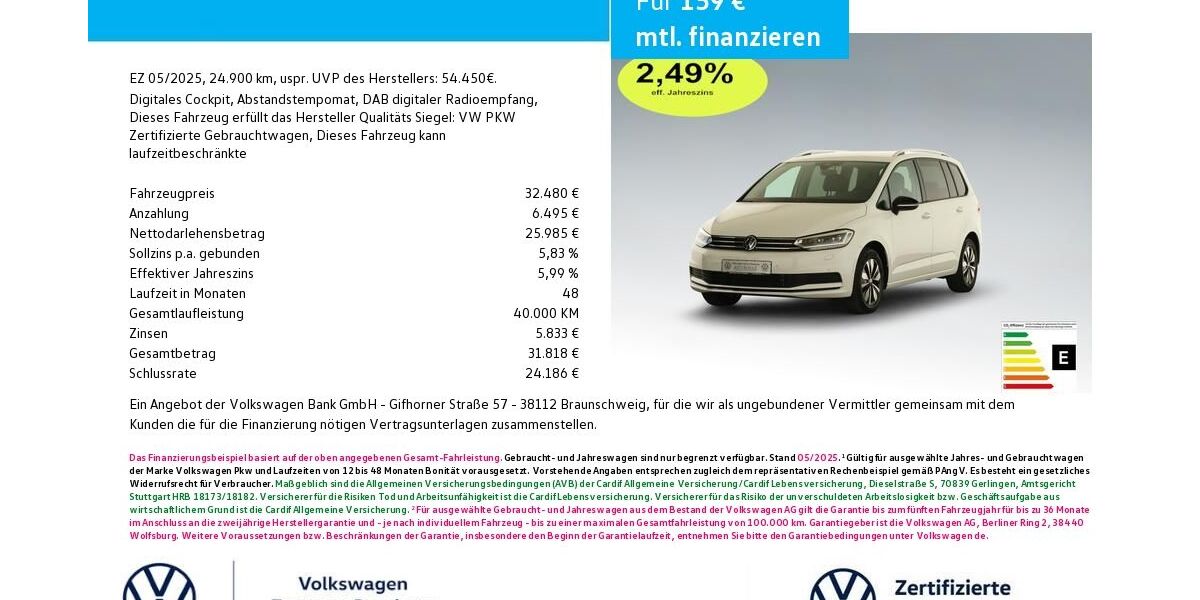 VW Touran 24.900 km 32.480 &euro; Bamberg 96052