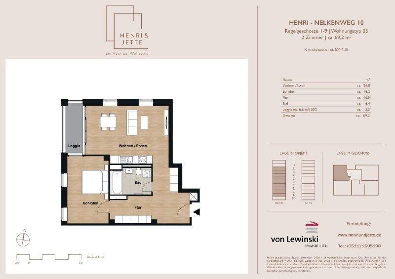 Etagenwohnung Wolfsburg Hellwinkel - 2 Zimmer, 68 m&sup2;, 854&euro; | Angebot:25371614