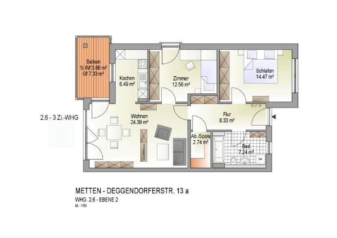 Etagenwohnung Metten Hochwiese - 3 Zimmer, 79 m&sup2;, 800&euro; | Angebot:26863479