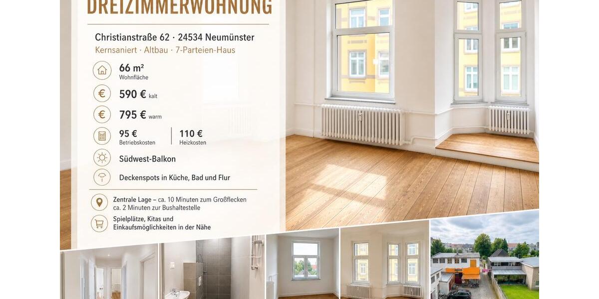 Etagenwohnung Neumünster - 3 Zimmer, 66 m&sup2;, 790&euro; | Angebot:26423441