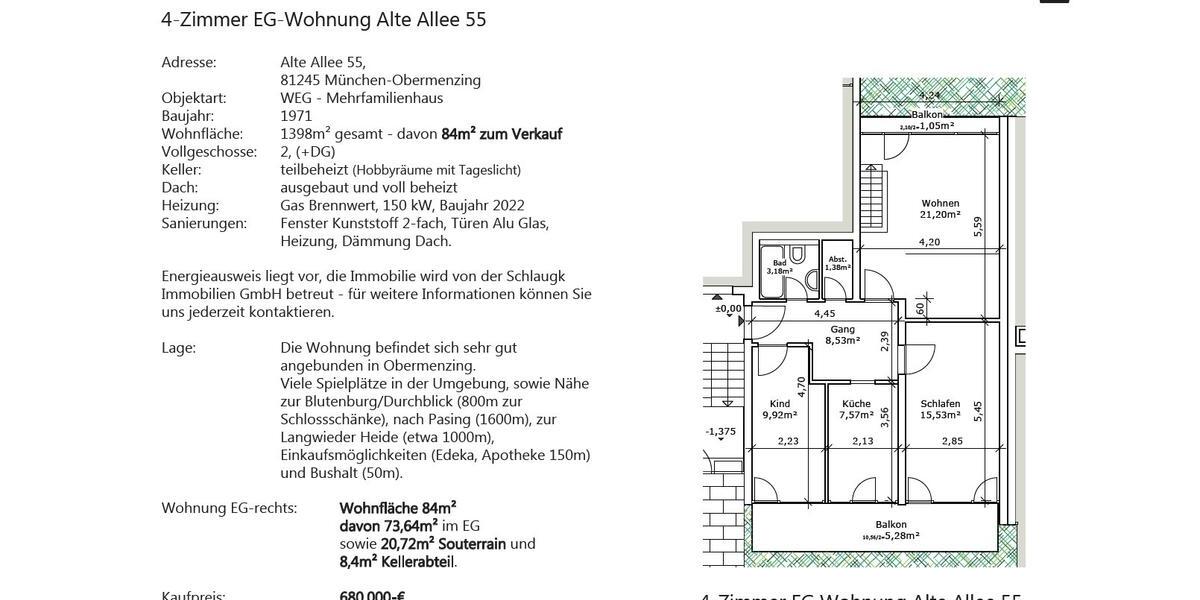 Hochparterre München Aubing-Lochhausen-Langwied - 4 Zimmer, 84 m&sup2;, 680.000&euro; | Angebot:26837194