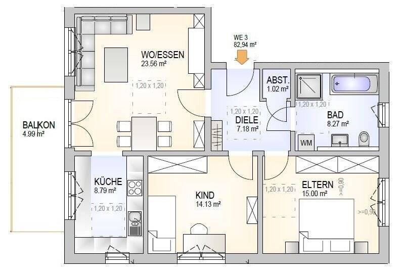 Etagenwohnung Regensburg Kumpfmühl-Ziegetsdorf-Neuprüll - 3 Zimmer, 82 m&sup2;, 598.600&euro; | Angebot:25704968