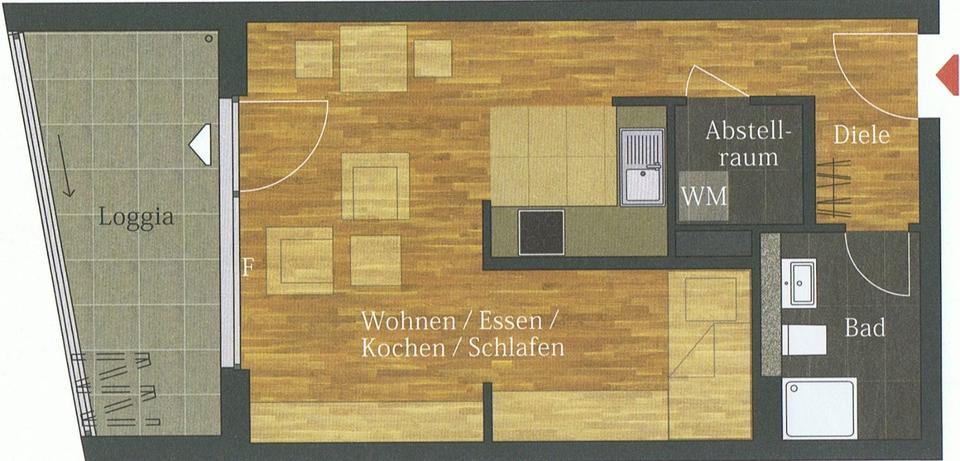 Hochparterre Frankfurt am Main Kalbach - 1.5 Zimmer, 43 m&sup2;, 299.000&euro; | Angebot:27262873