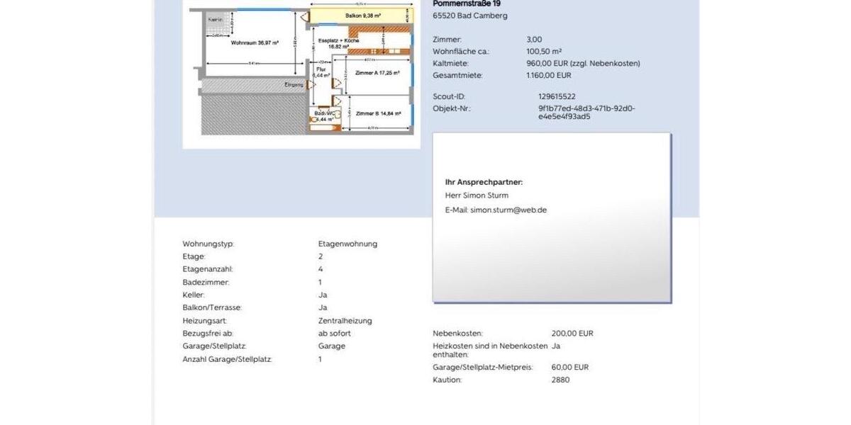 Etagenwohnung Bad Camberg - 3 Zimmer, 101 m&sup2;, 270.000&euro; | Angebot:25640875