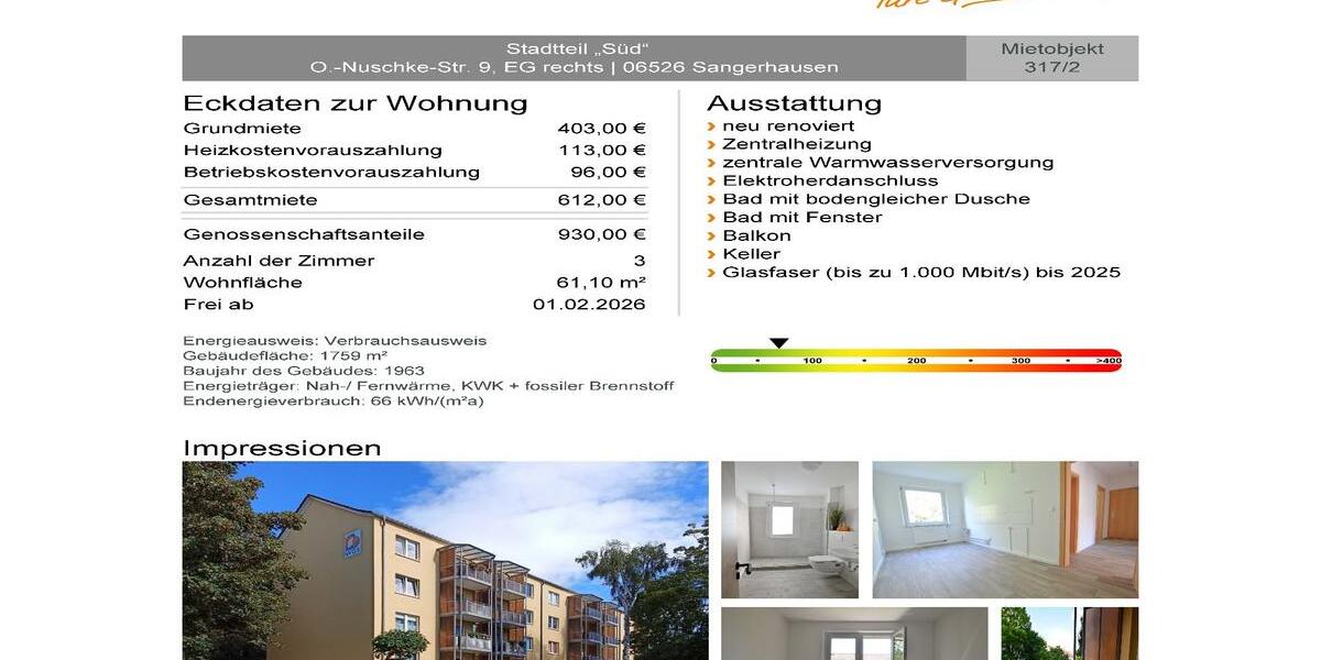 Neu sanierte 2-Raum-Wohnung im Erdgeschoss mit bodengleicher Dusche und Balkon 2 zimmer