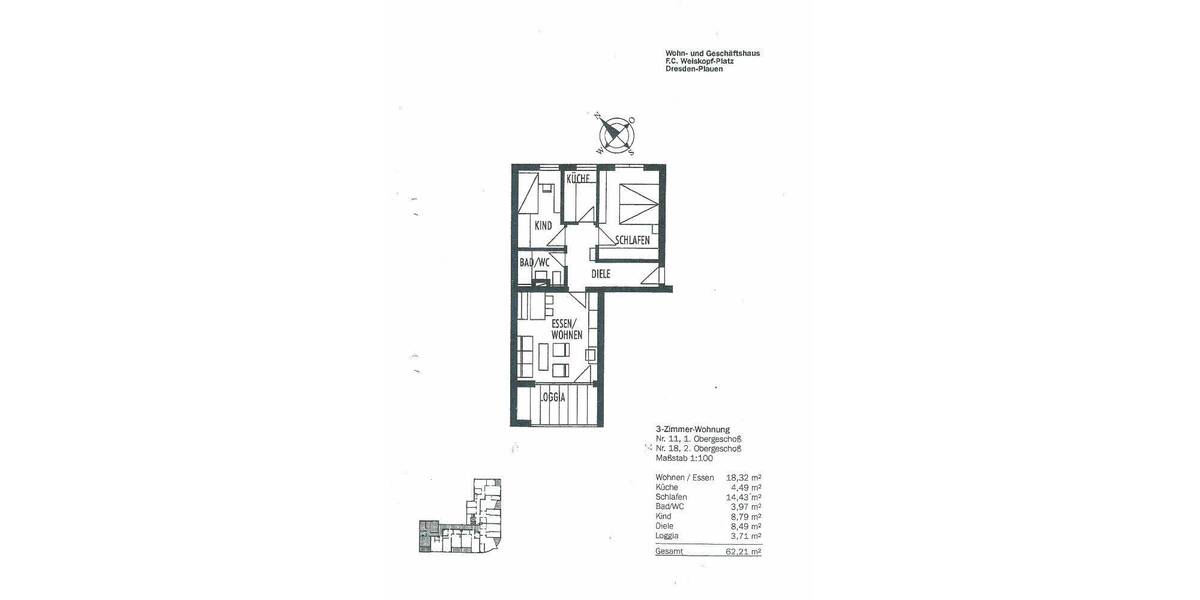 Etagenwohnung Dresden Plauen - 3 Zimmer, 62 m&sup2;, 600&euro; | Angebot:26816138
