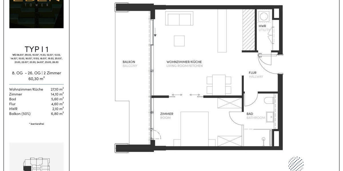 Etagenwohnung Frankfurt am Main Gallus - 2 Zimmer, 60 m&sup2;, 590.000&euro; | Angebot:26679692